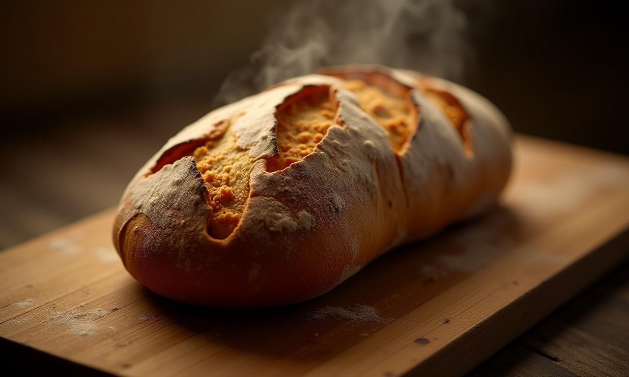 Nystekt, mørkt håndverksbrød på et rustikt trebord.