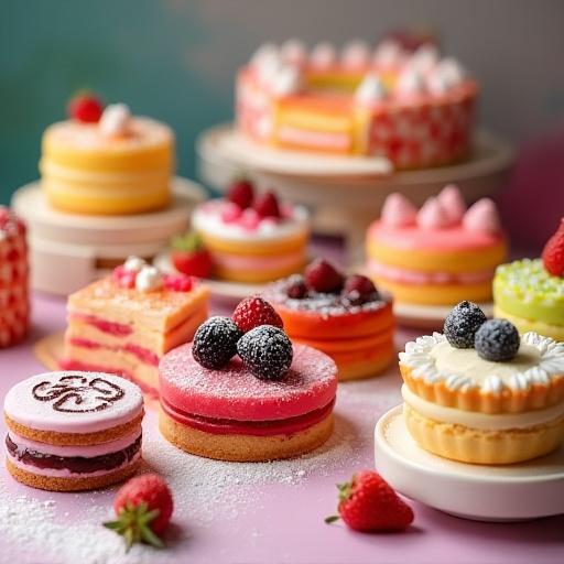 Et fargerikt utvalg av kaker og søtbakst.